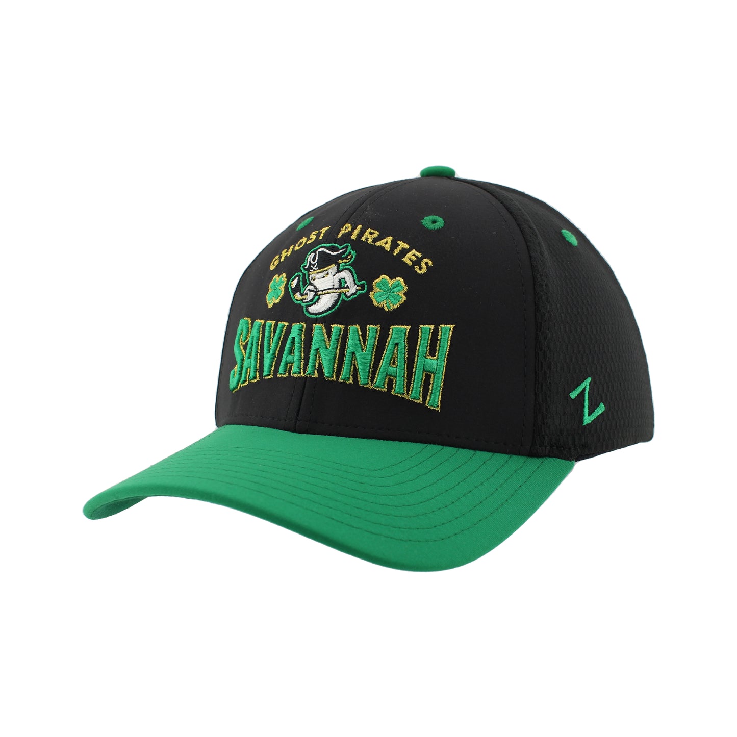 Savannah Ghost Pirates St. Pats Stretchfit - Black w/ Green Brim Hat