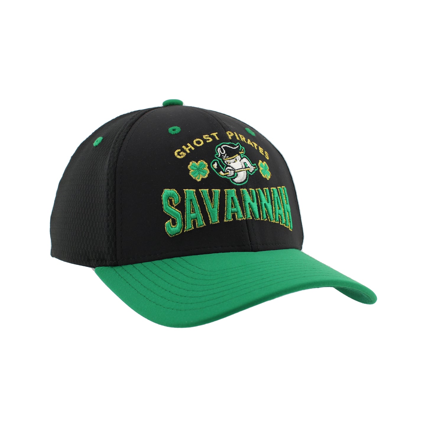 Savannah Ghost Pirates St. Pats Stretchfit - Black w/ Green Brim Hat