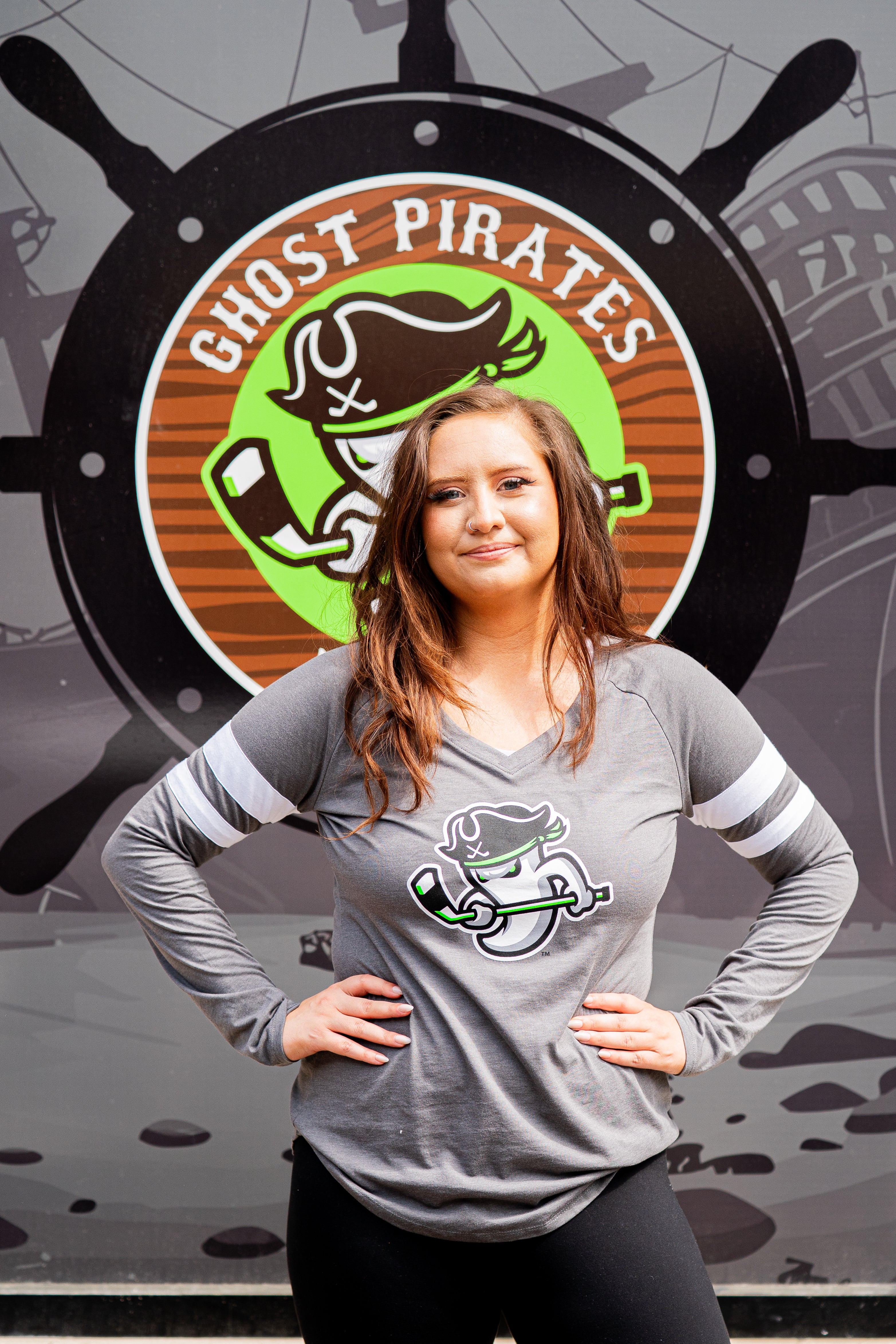 Ghost Pirates Women's Halftime Stripe LS V-Neck Tee