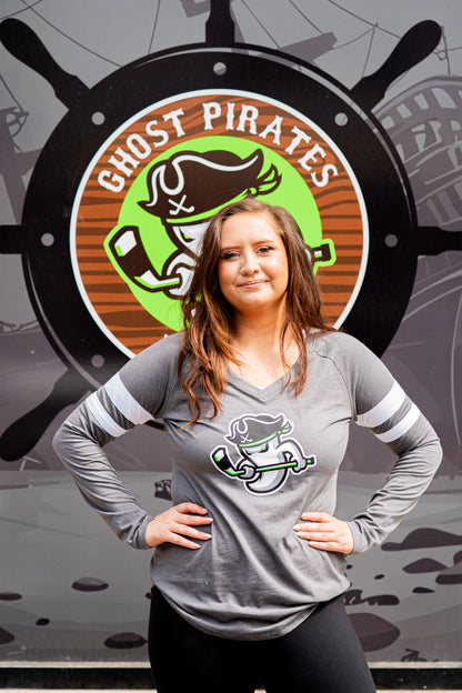 Ghost Pirates Women's Halftime Stripe LS V-Neck Tee