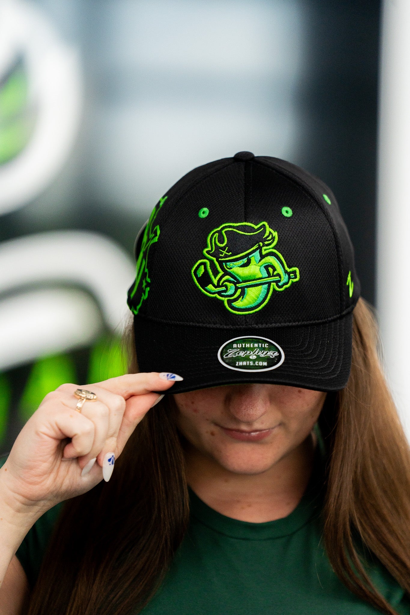 Savannah Ghost Pirates Black/Nuc Green Eyelets Mrcnry Hat