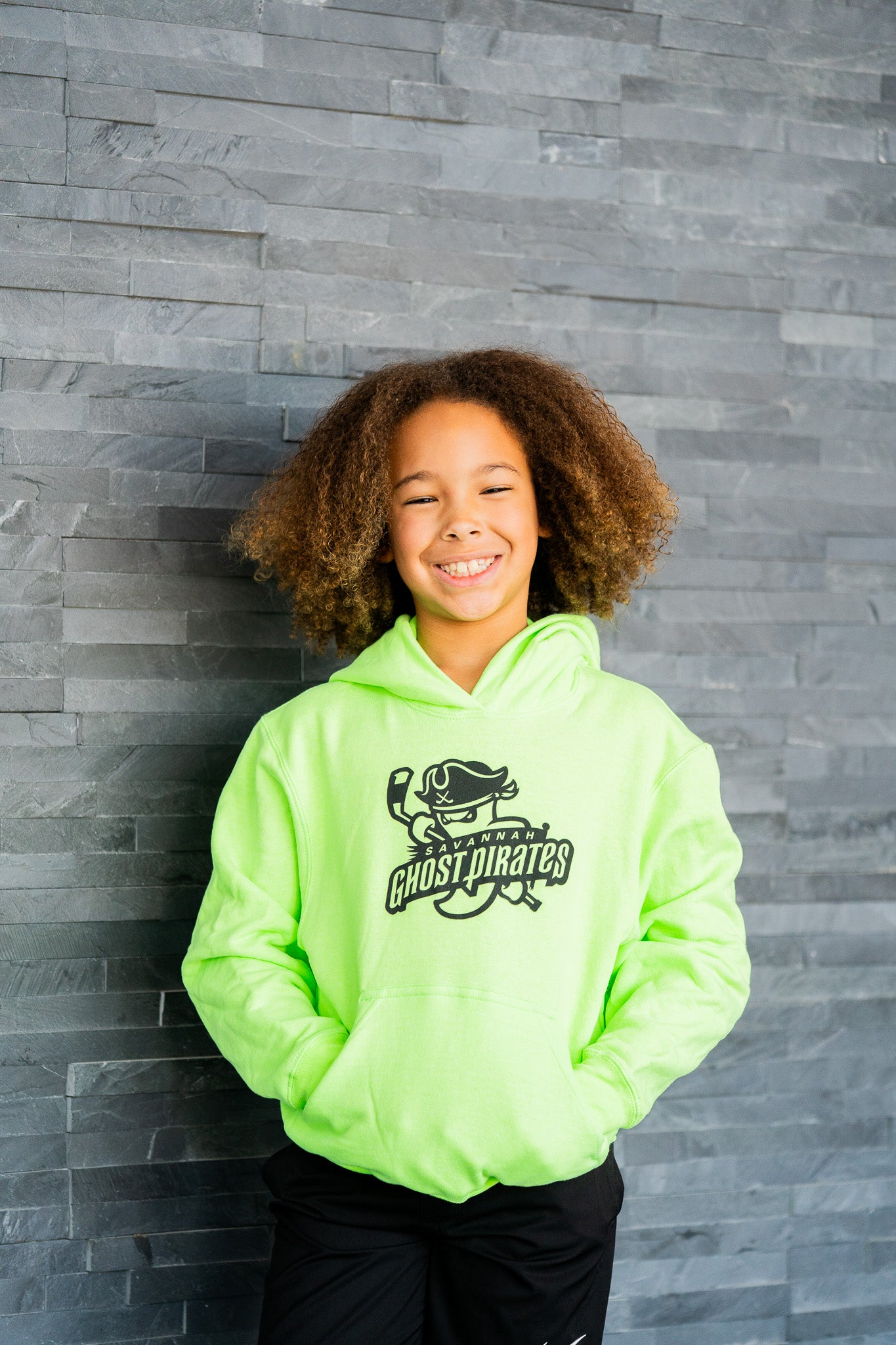 Savannah Ghost Pirates Youth Neon Green/Black Fleece Pullover Hooded Sweatshirt