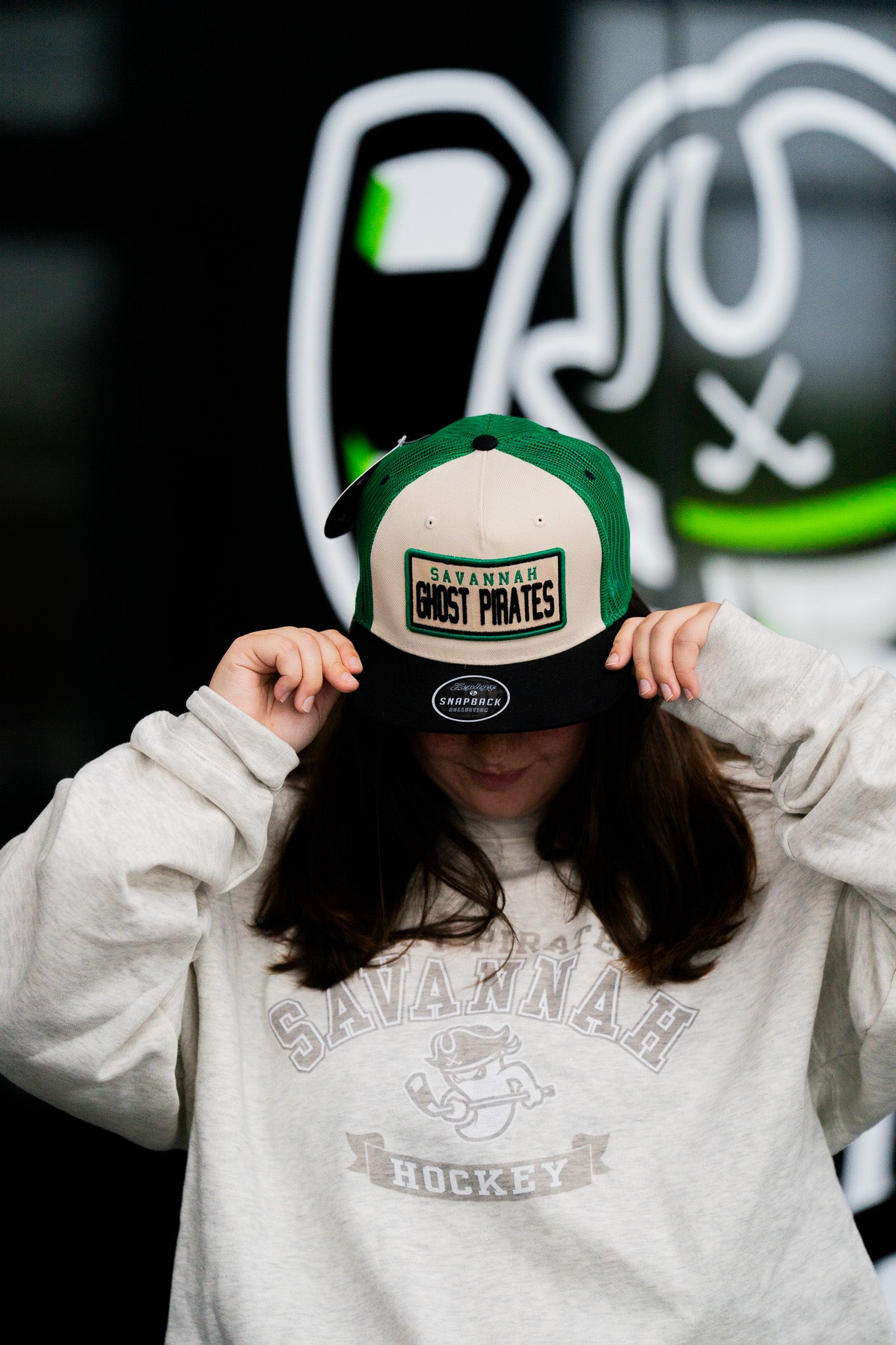 Ghost Pirates Cream/Green Trucker Snapback