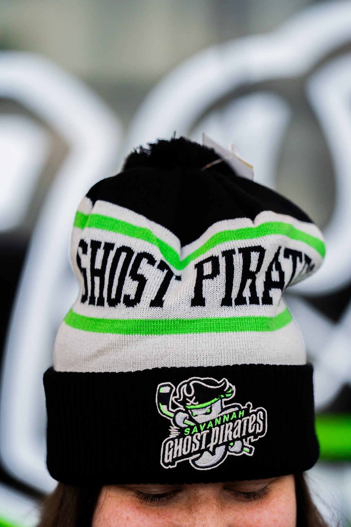 Savannah Ghost Pirates CCM Striped Cuff Pom Knit Beanie