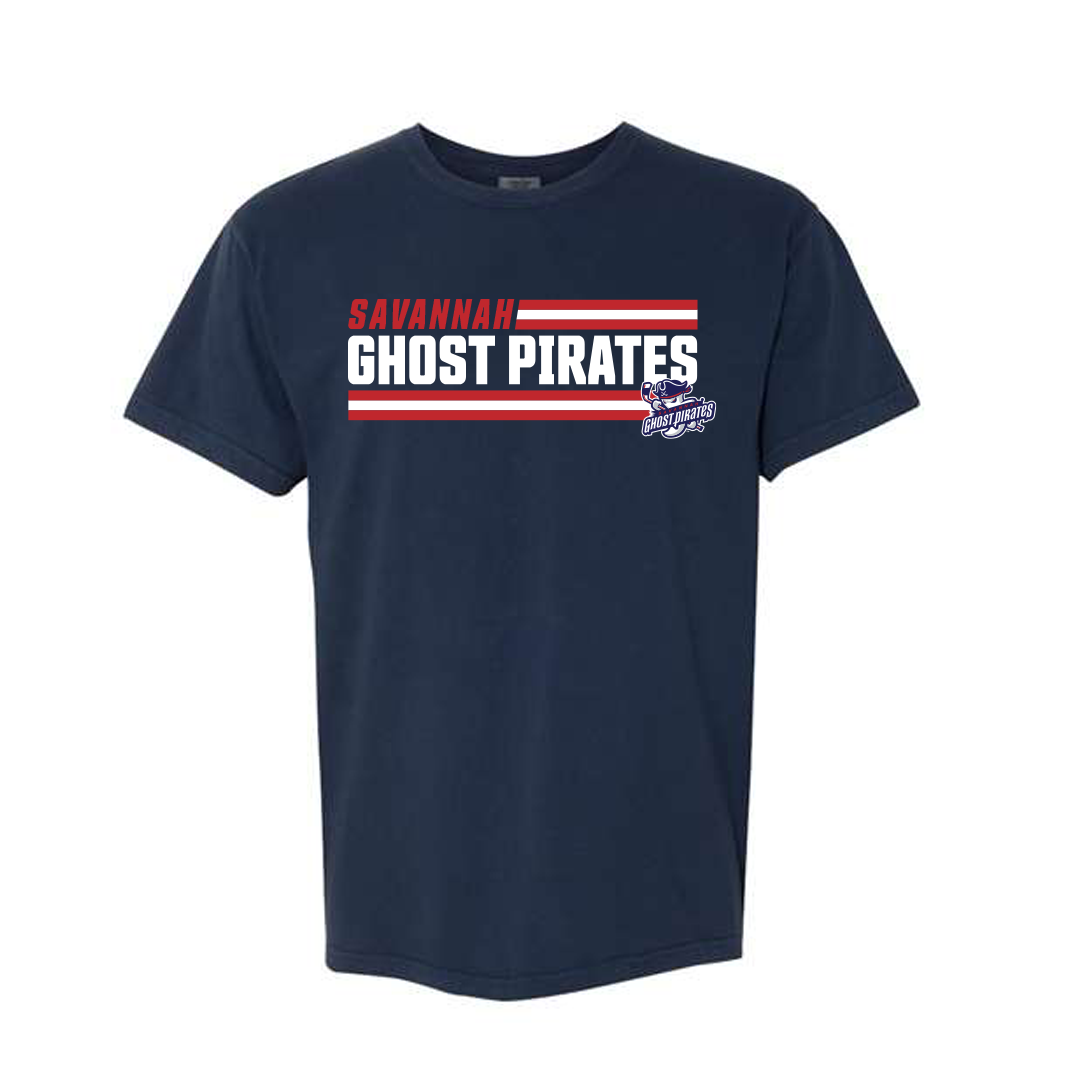 Savannah Ghost Pirates Navy Comfort Colors Military Stripe Logo Tee